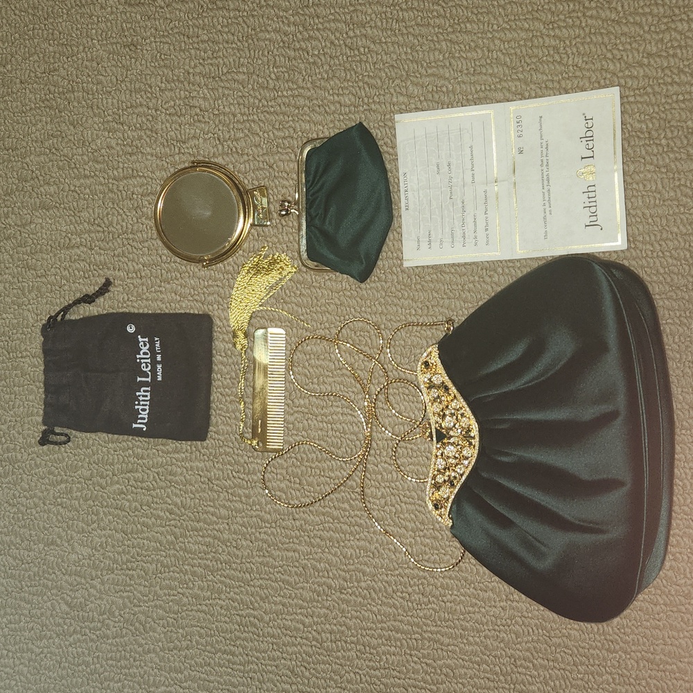 Judith Leiber Emerald Green Satin Evening Formal Bag with gold details.